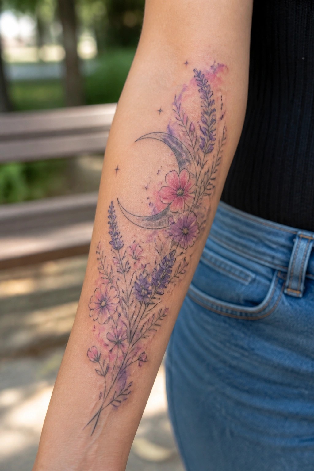 Arm tattoo of pink flowers, crescent moon, stars on watercolor background, black top and jeans