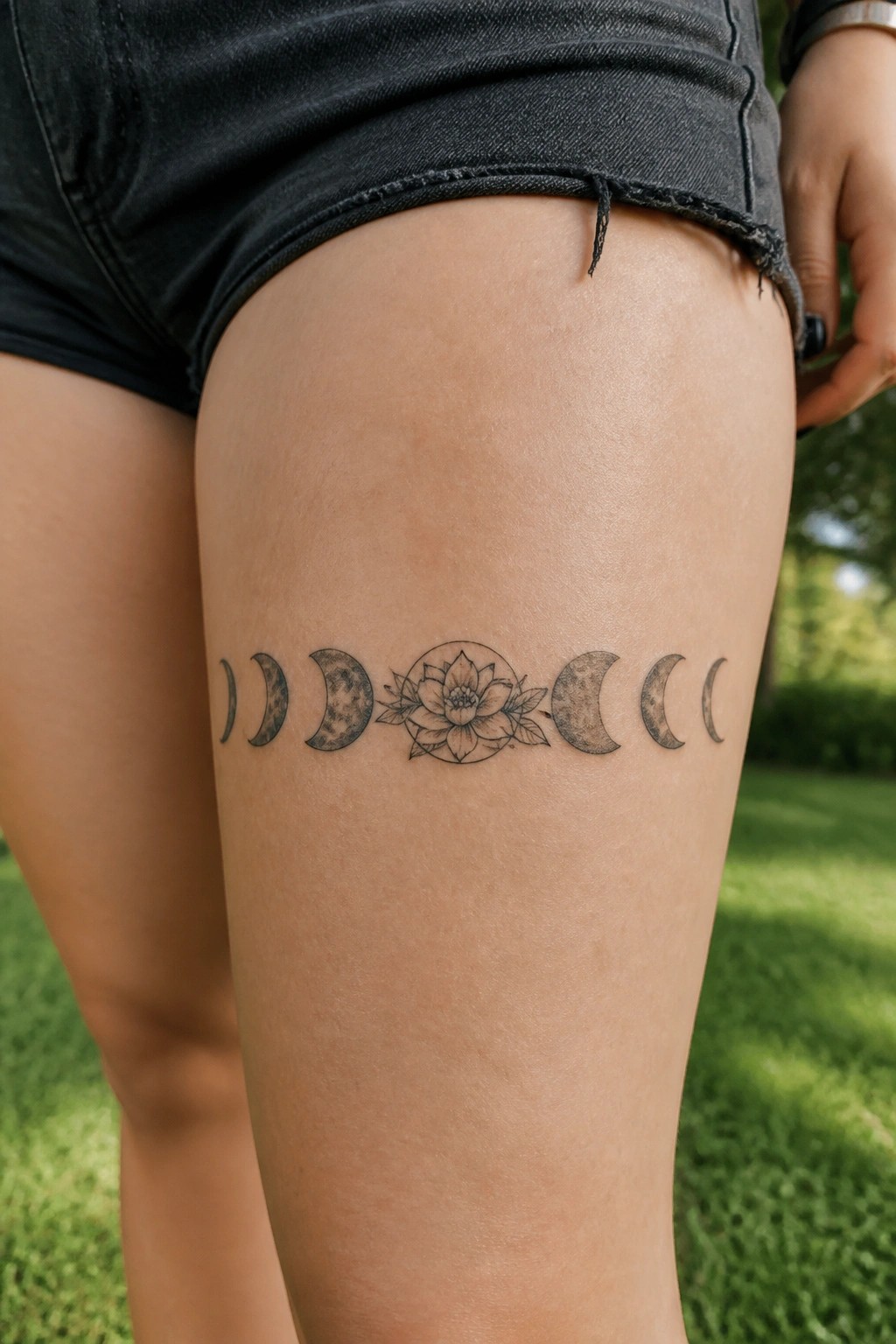 Horizontal moon phase tattoo with central lotus flower on upper thigh in fine line style