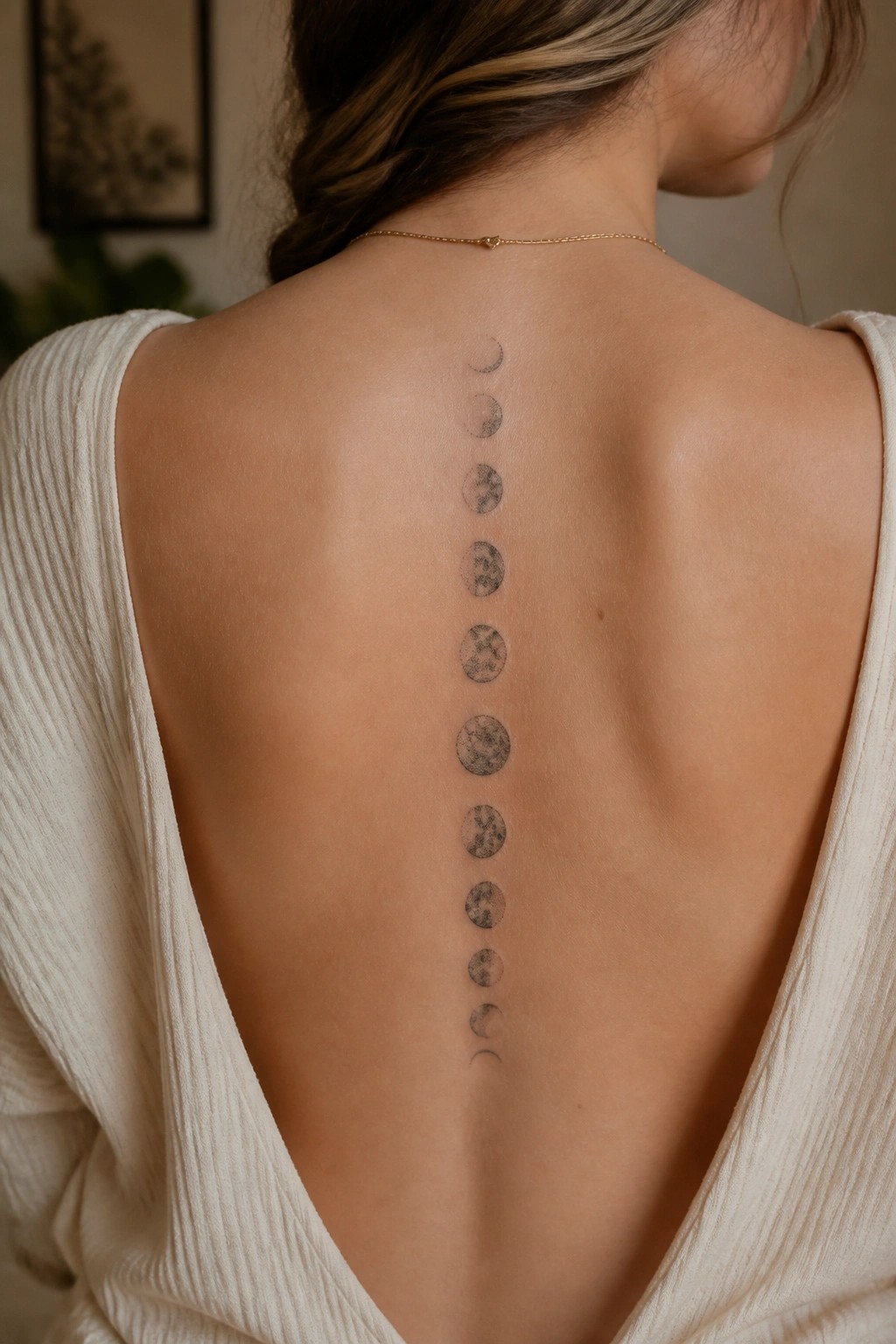 Woman's back with moon phases tattoo along spine, in white open-back top and gold necklace.