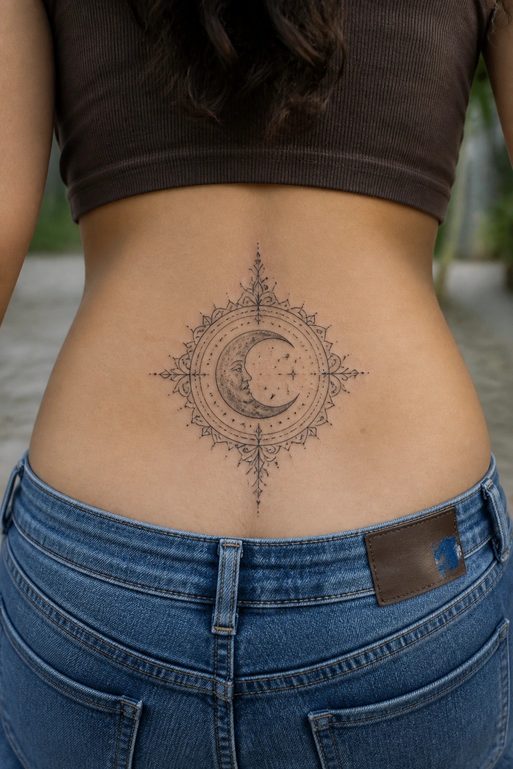 Woman's lower back featuring a detailed crescent moon tattoo with a face, surrounded by ornate mandala patterns and small stars in black ink.