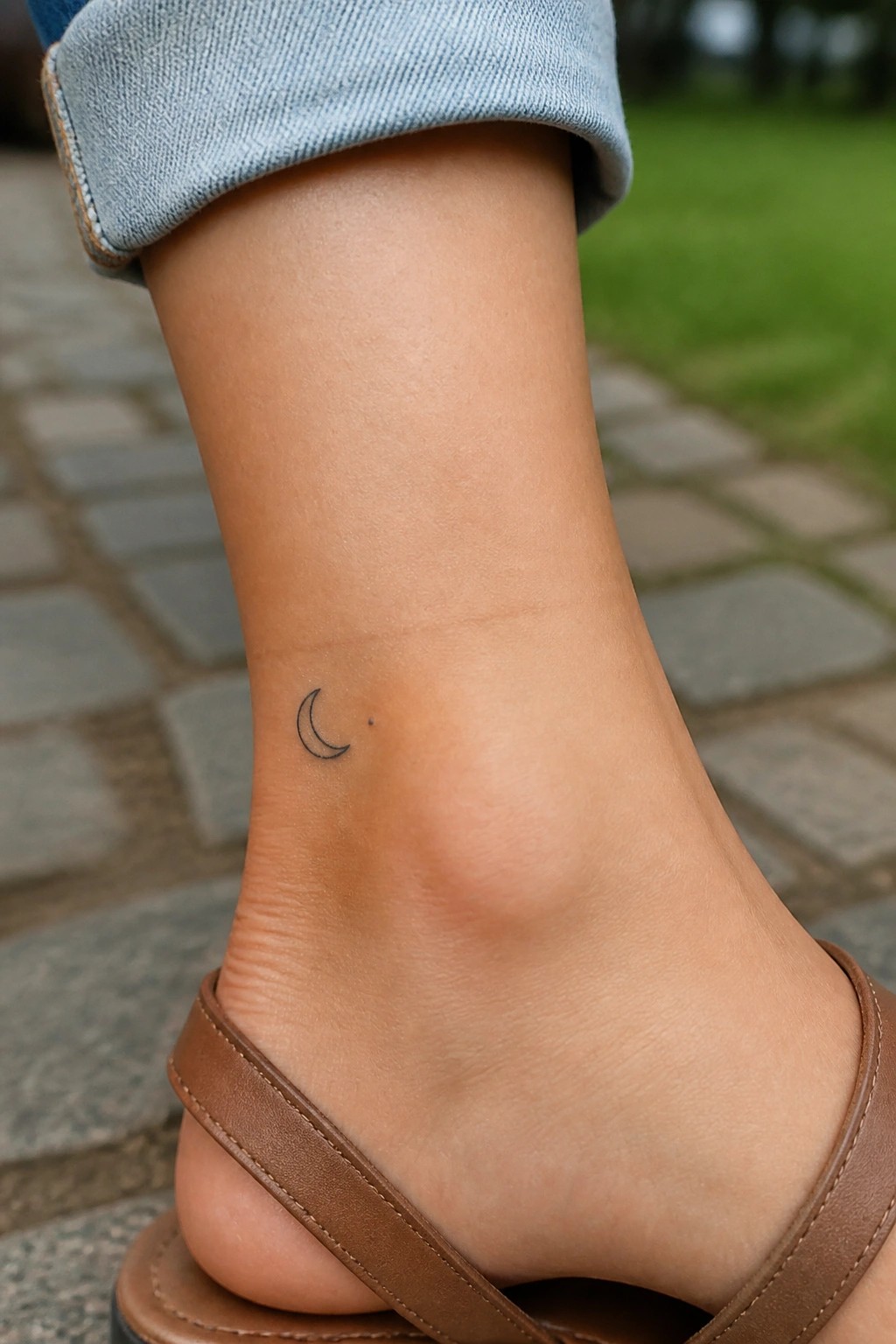 Small crescent moon tattoo with a dot placed on the ankle in thin black lines.