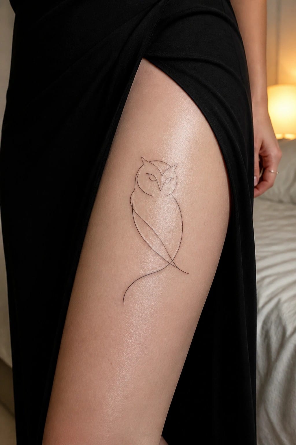 Minimalist single-line owl tattoo on a woman's upper thigh in black ink