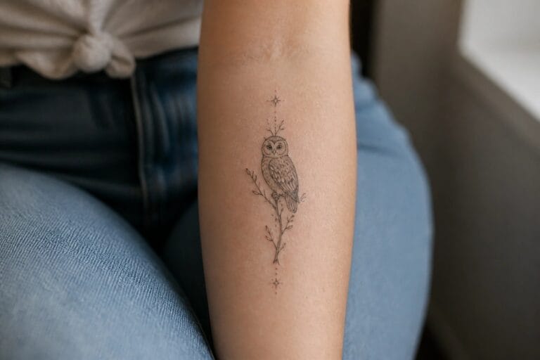Owl tattoo with moon phases and geometric shapes on forearm above ripped blue jeans