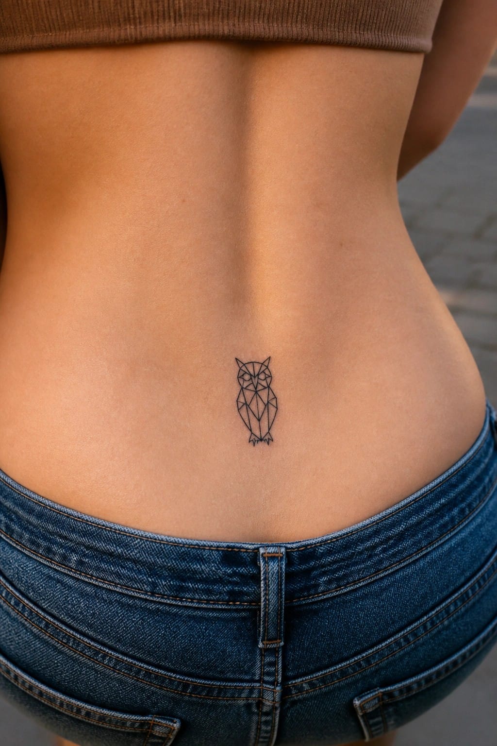 Geometric owl tattoo on lower back above blue denim shorts and brown top