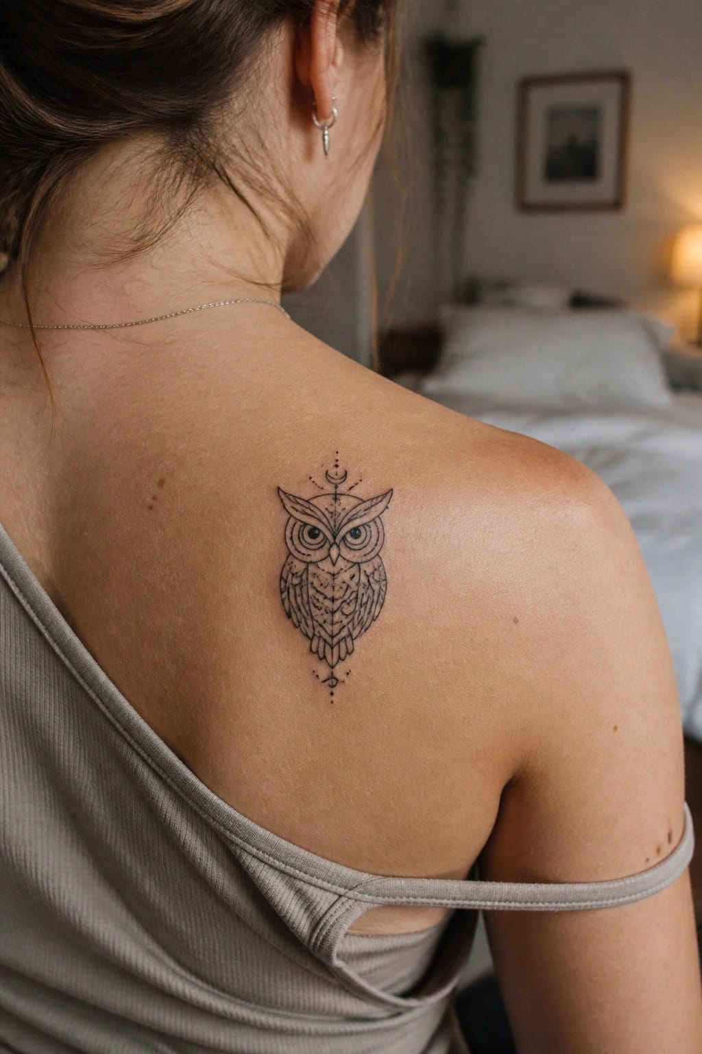 Fine line owl tattoo with moon symbols on a woman's upper back near the shoulder blade