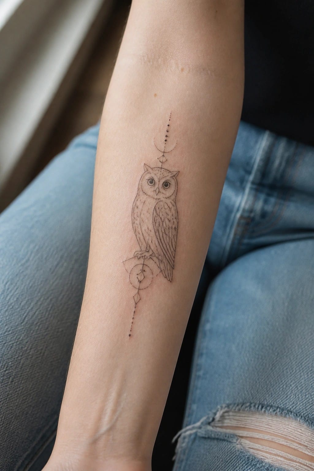 Owl tattoo with moon phases and geometric shapes on forearm above ripped blue jeans