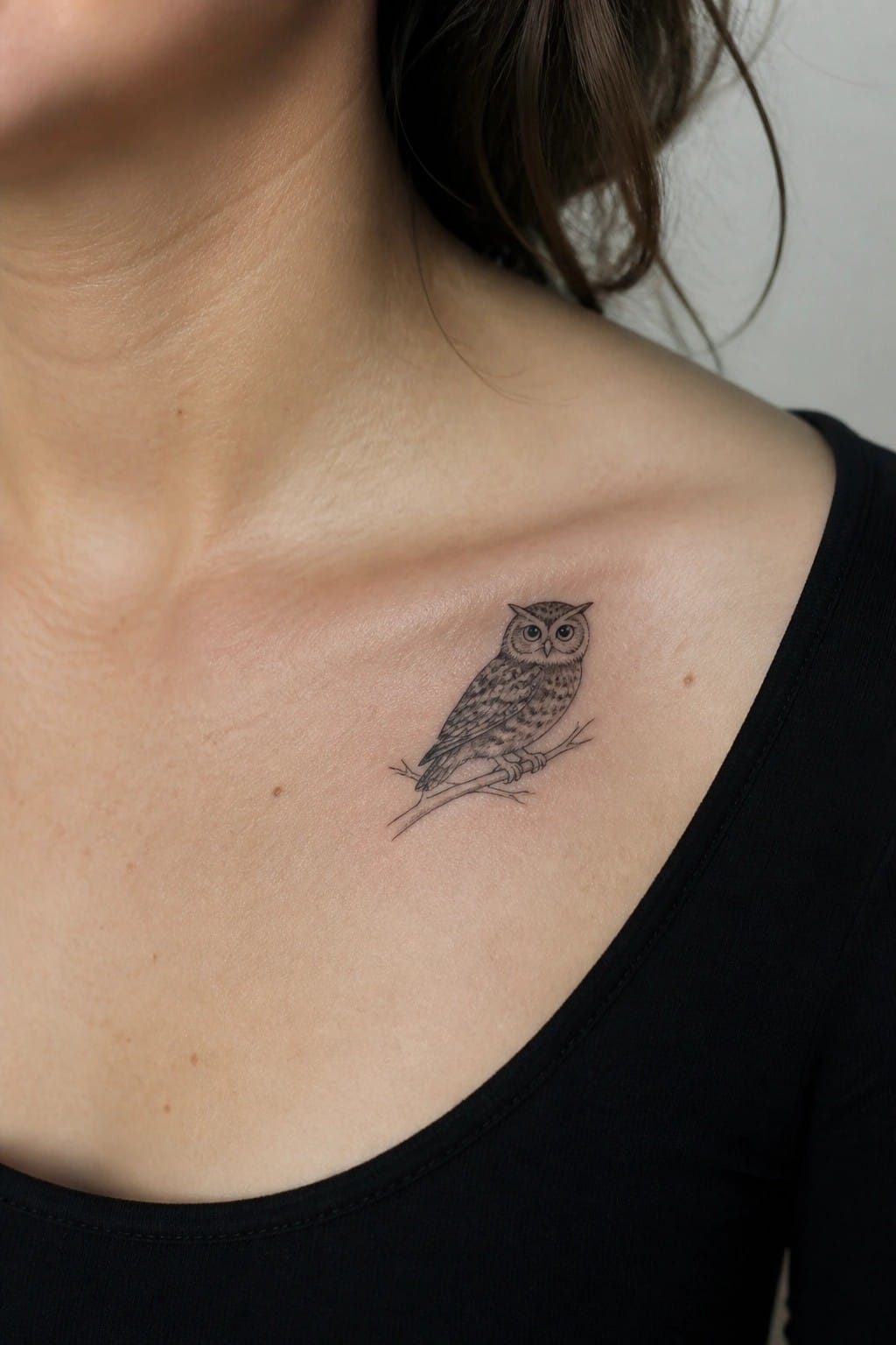 Small black and gray owl tattoo on the collarbone, perched on a branch in fine line style
