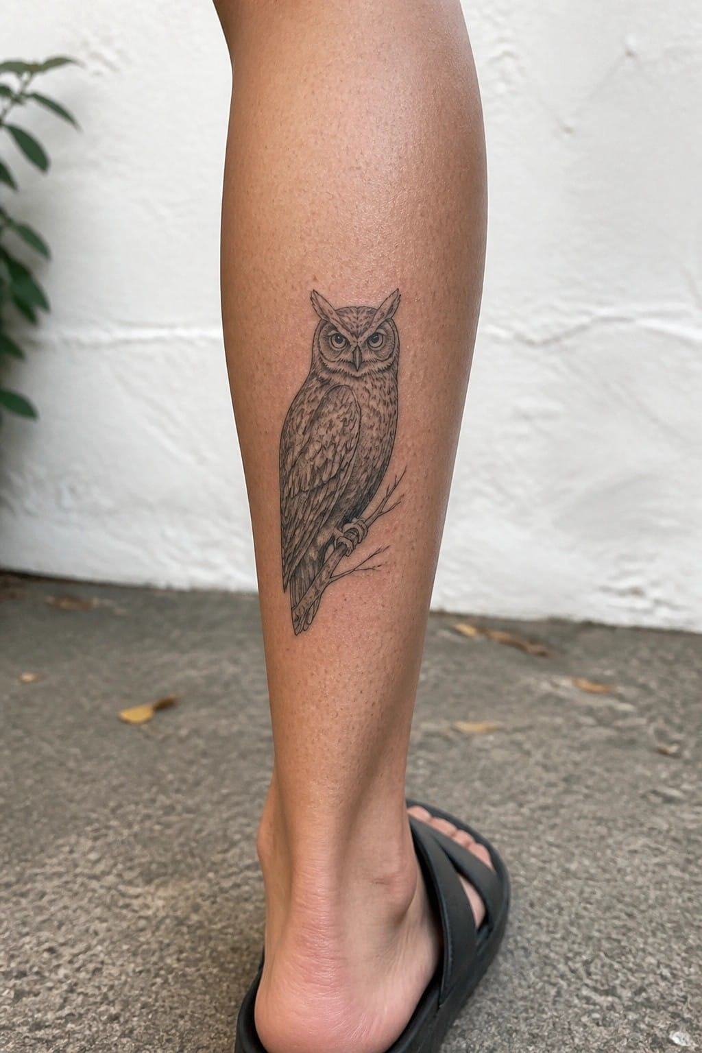 Owl tattoo on calf above black slide sandal on concrete floor