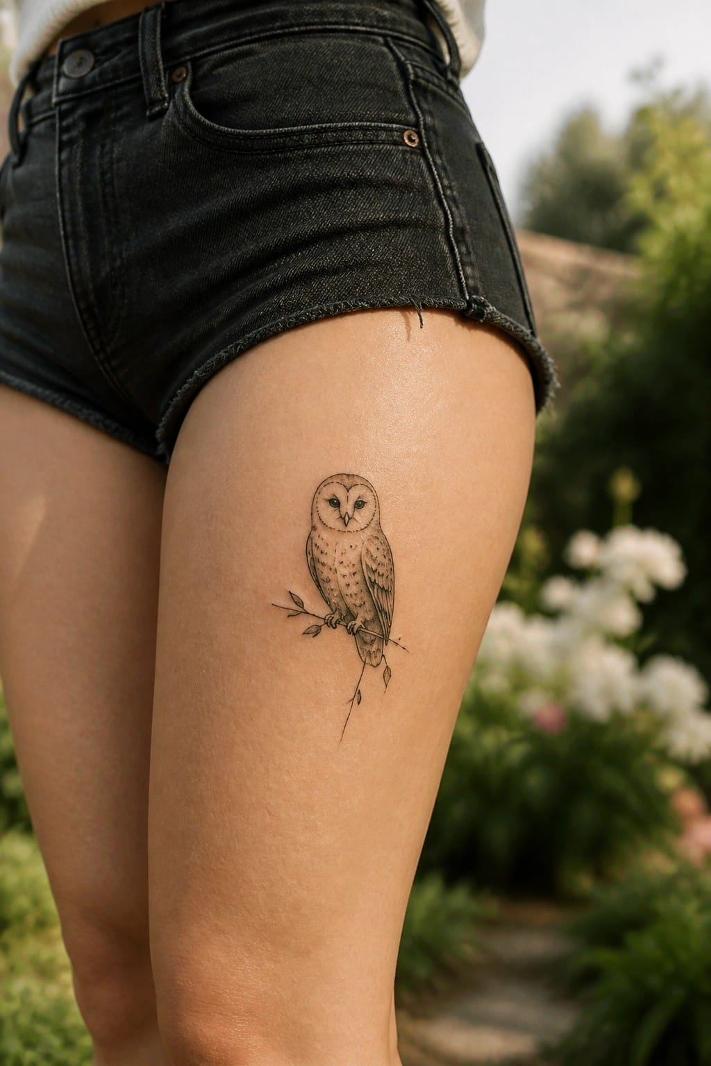 Owl on branch tattoo on thigh below black denim cutoff shorts