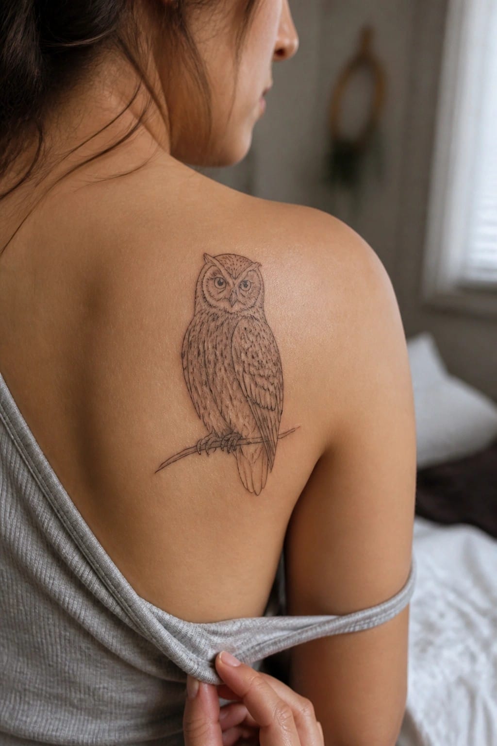 Fine line owl tattoo on a woman's upper back, perched on a thin branch and facing to the side.