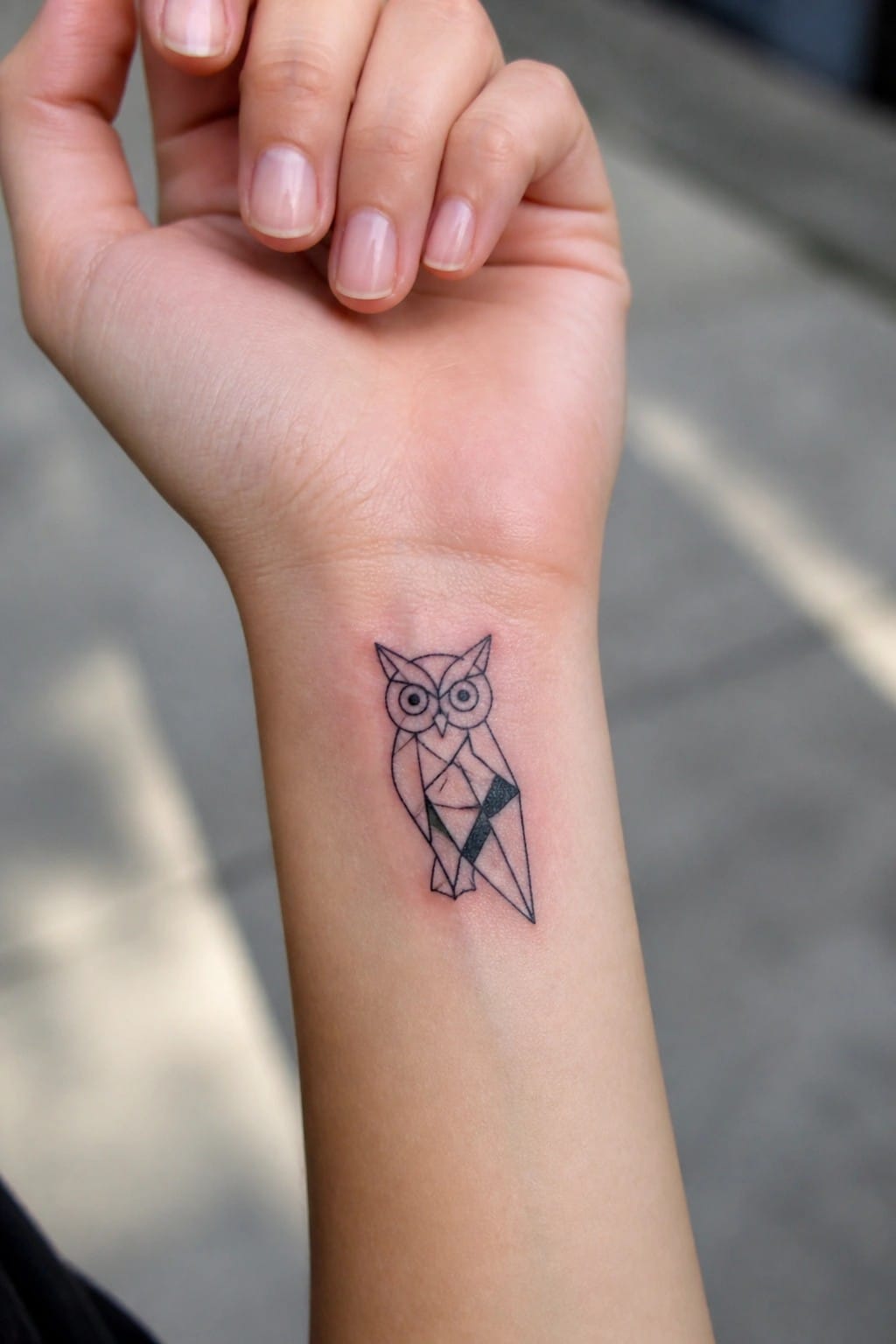 Small geometric owl tattoo on the inner wrist done in fine black lines with minimal shading