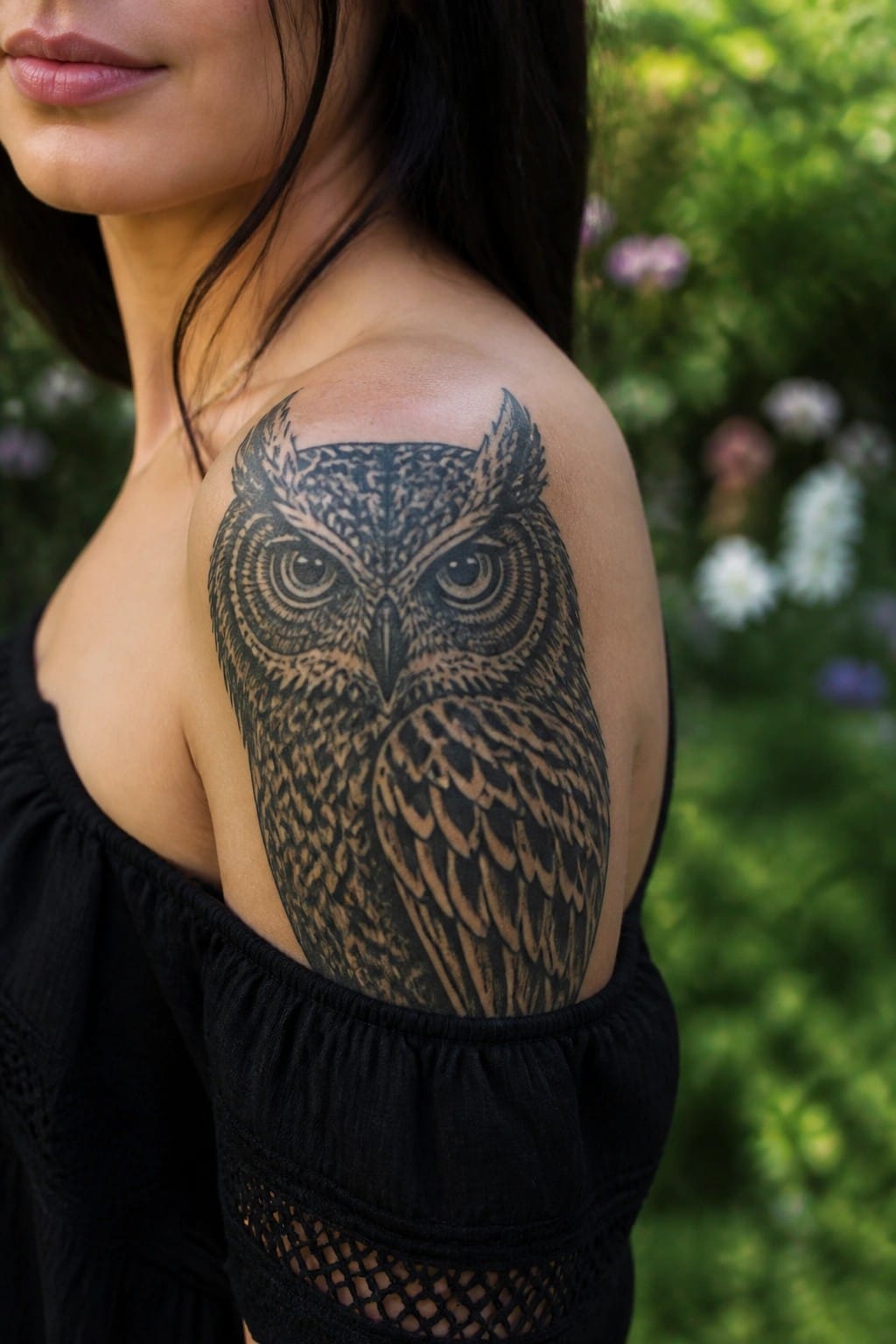 Detailed black and gray owl tattoo on a woman's shoulder, facing forward with shaded feathers