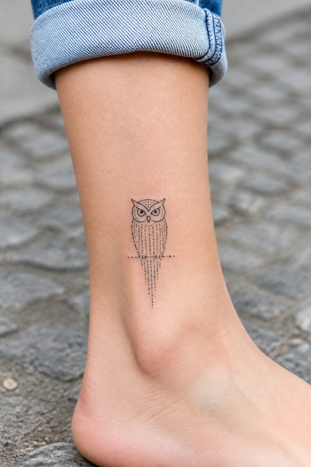 Minimalist line art owl tattoo on the ankle with dotted feather details and a thin horizontal line through the center.