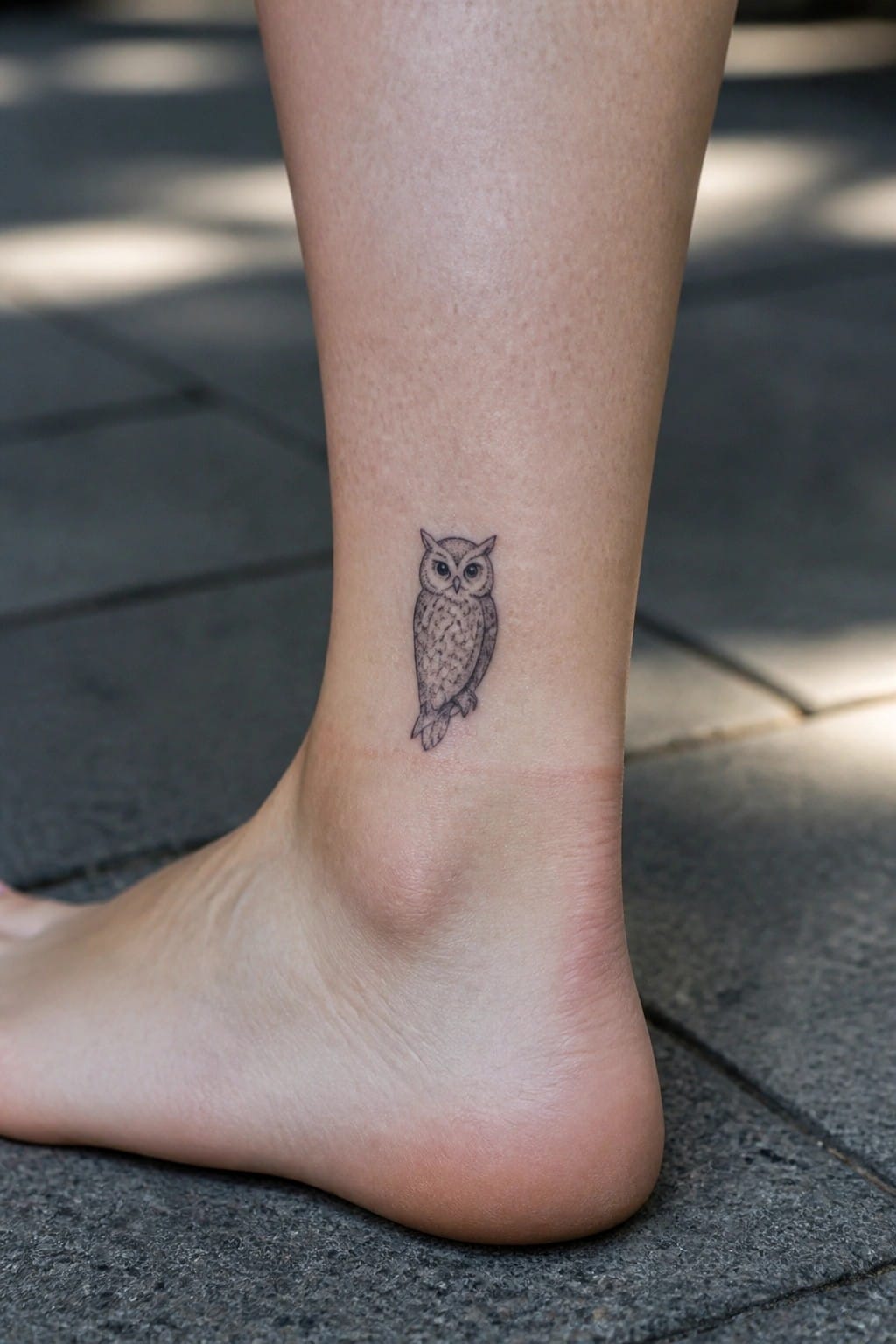 Small black owl tattoo on ankle above bare foot on sunlit pavement.