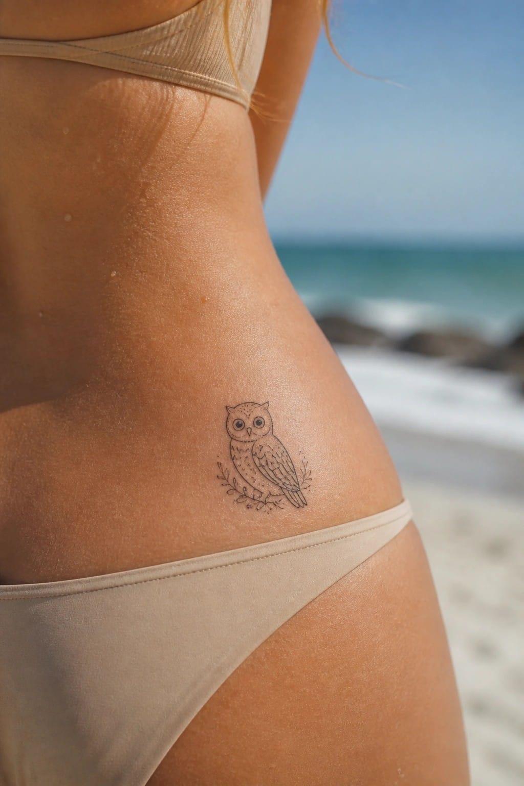 Small fine line owl tattoo on the ribs above the hip, shown on a woman at the beach.