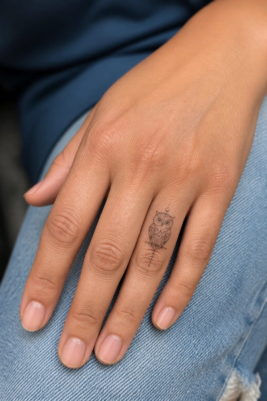 Light-skinned hand with small owl tattoo on ring finger over blue jeans.