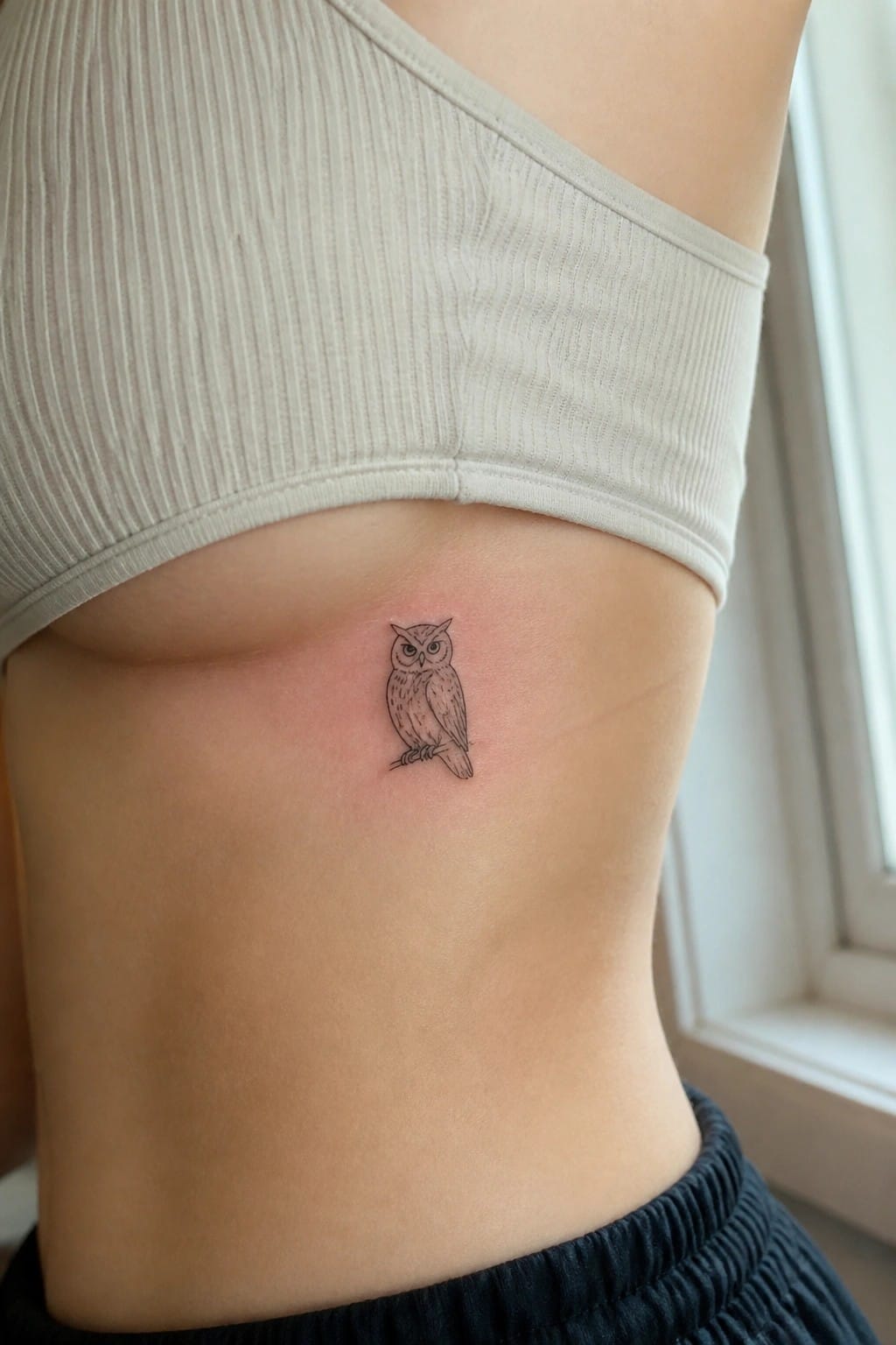 Small owl tattoo on skin below light gray ribbed crop top.