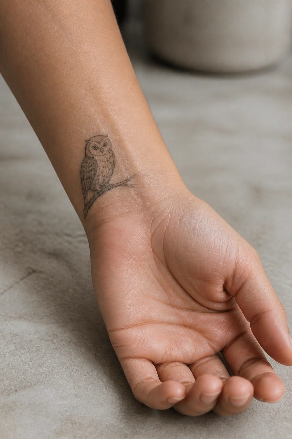 Small owl tattoo on inner wrist above open palm-up hand.