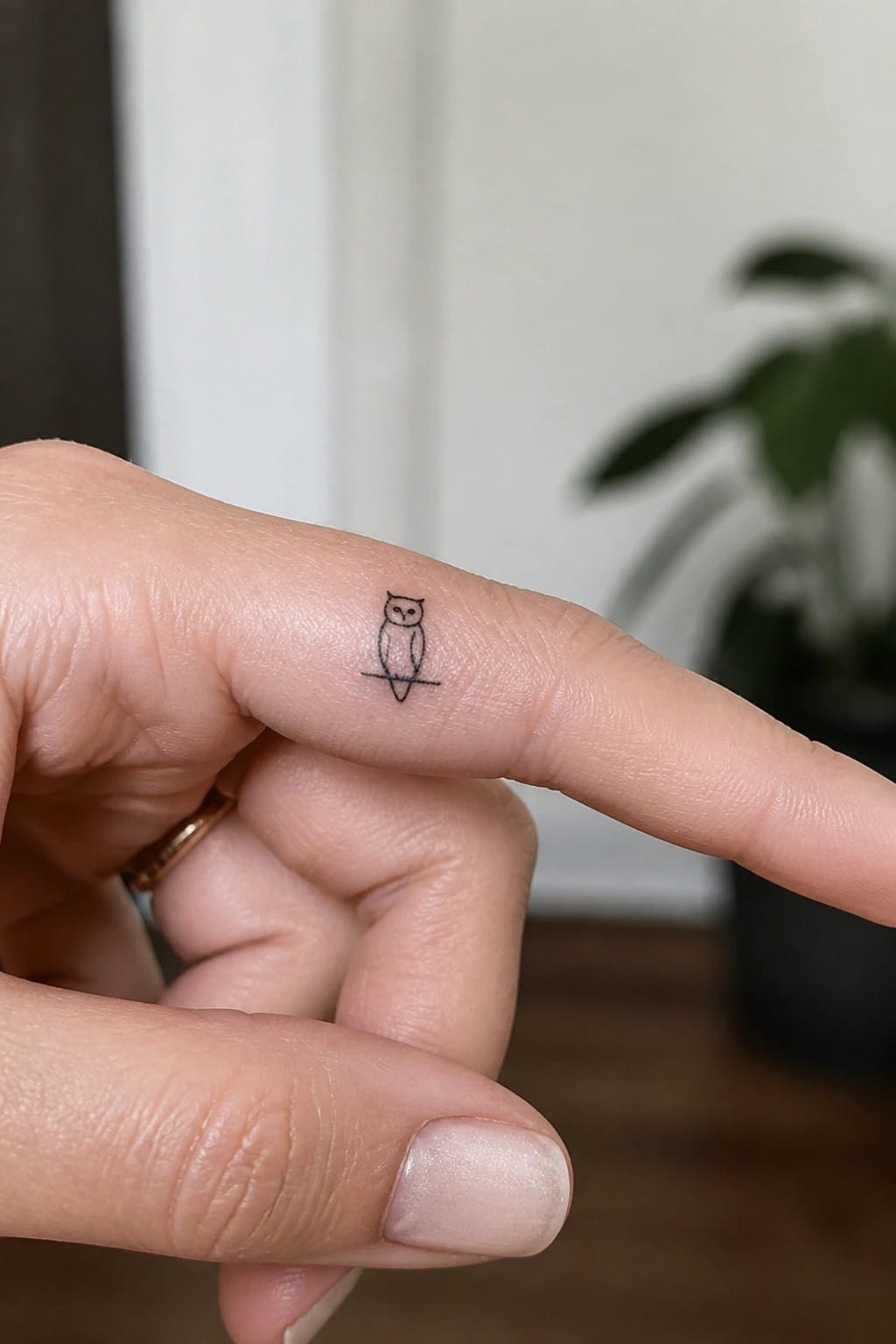 Tiny black owl tattoo on extended finger with gold ring visible