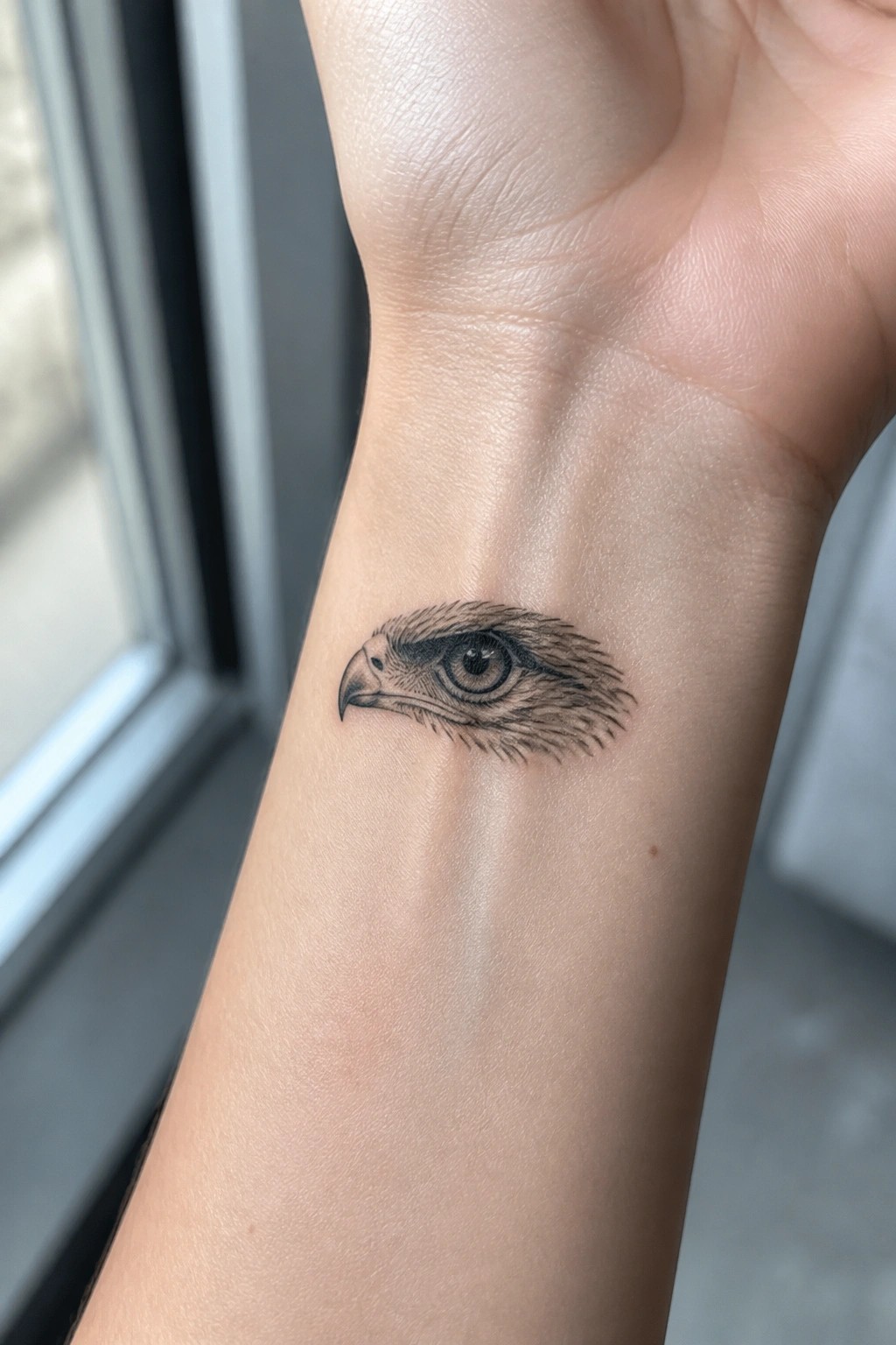 Small black and grey eagle head tattoo on the inner wrist showing realistic shading and fine line details.