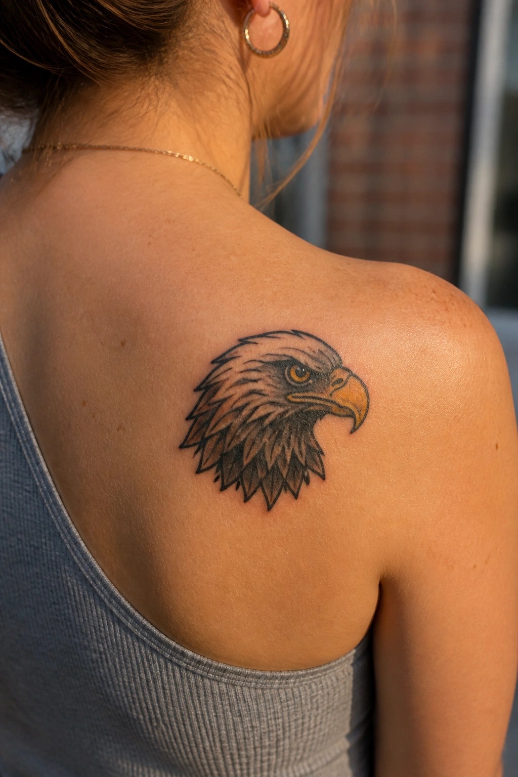 Small eagle head tattoo on a woman's shoulder with shaded feathers and a colored beak in profile view