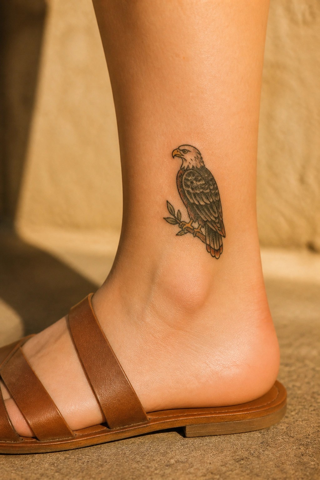Small eagle tattoo perched on a branch along the side of the ankle