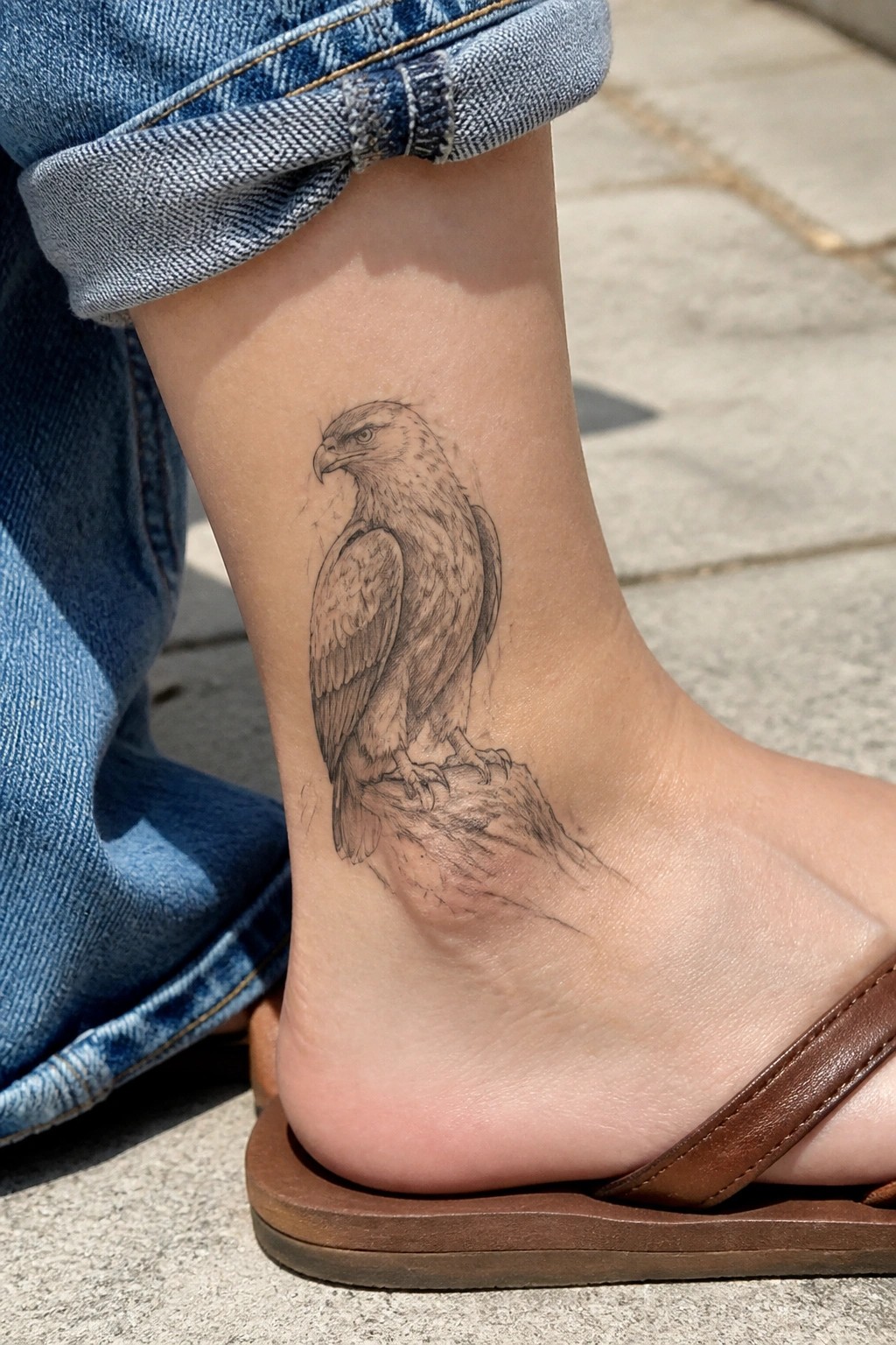 Small black and grey eagle tattoo on the outer ankle, perched on a rock with light shading.