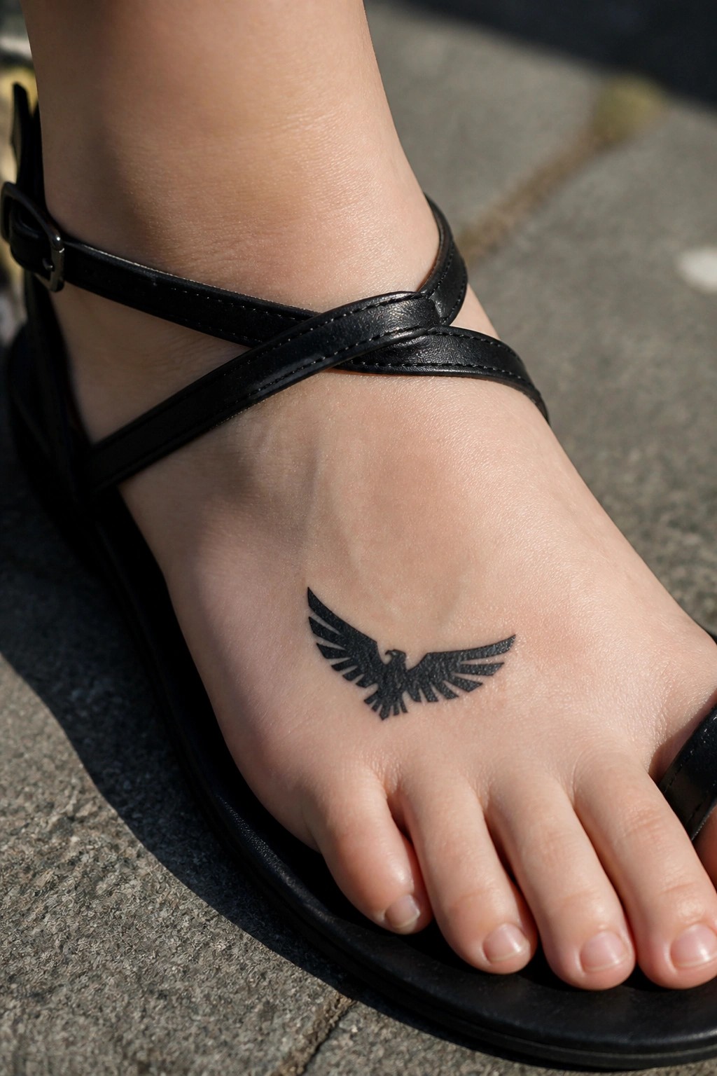Small black eagle tattoo with spread wings on the top of a woman's foot in a black sandal.