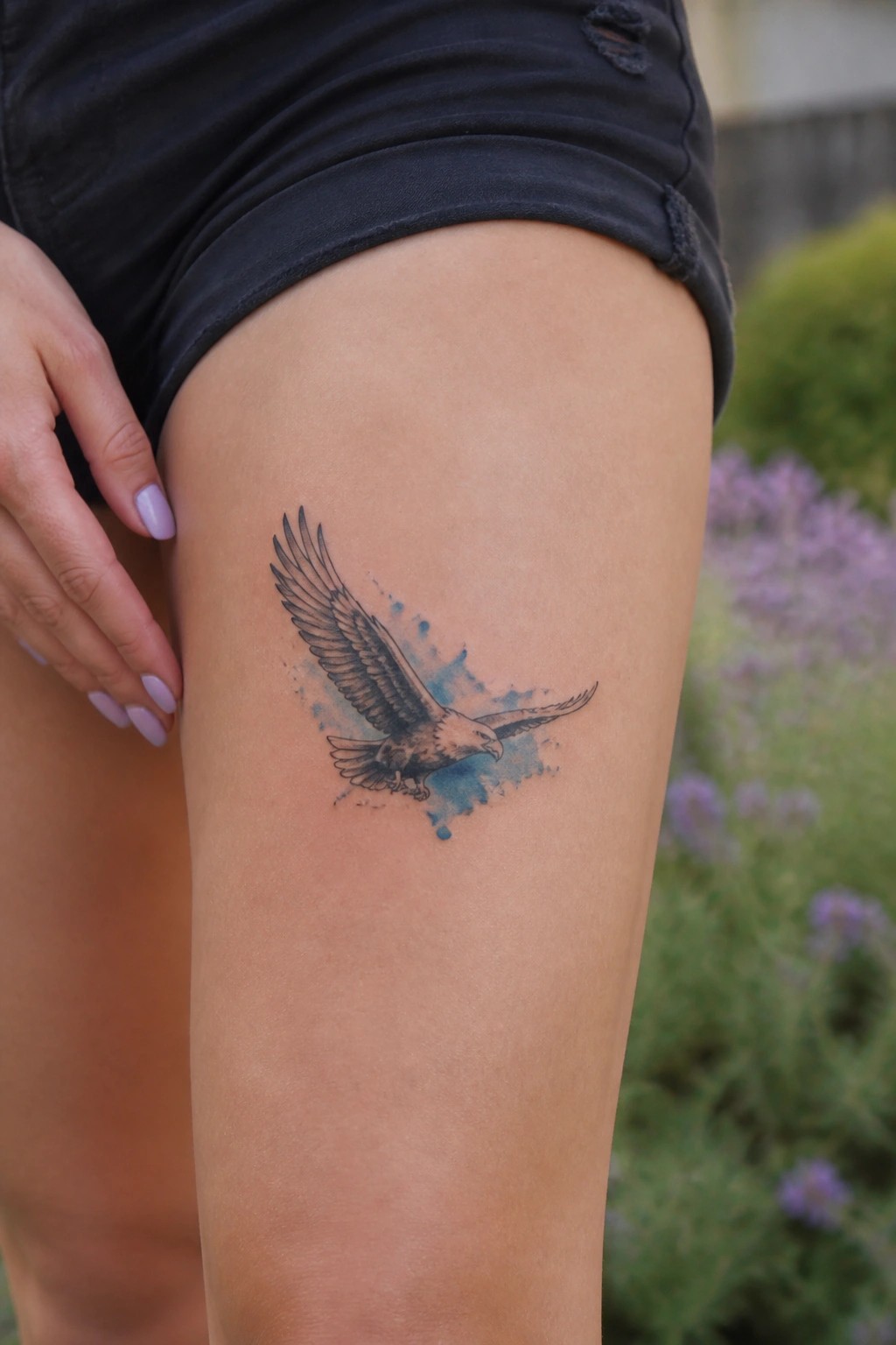 Black shorts and purple nails frame eagle tattoo with blue watercolor splashes on thigh