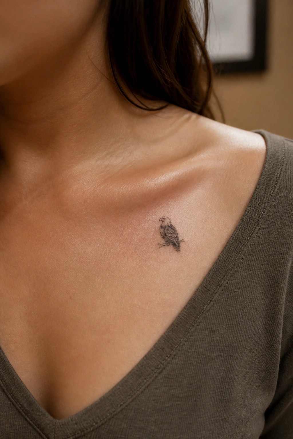 Small realistic eagle tattoo on collarbone above gray V-neck shirt