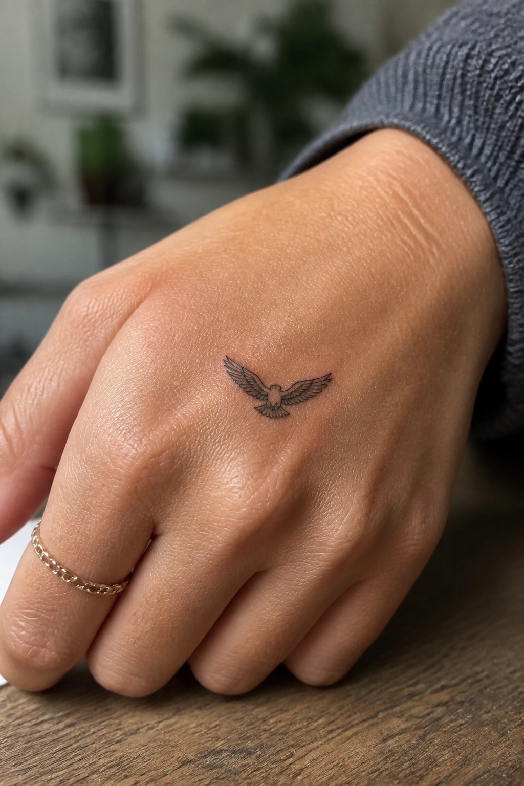 Hand with small flying bird tattoo and gold ring on wooden surface