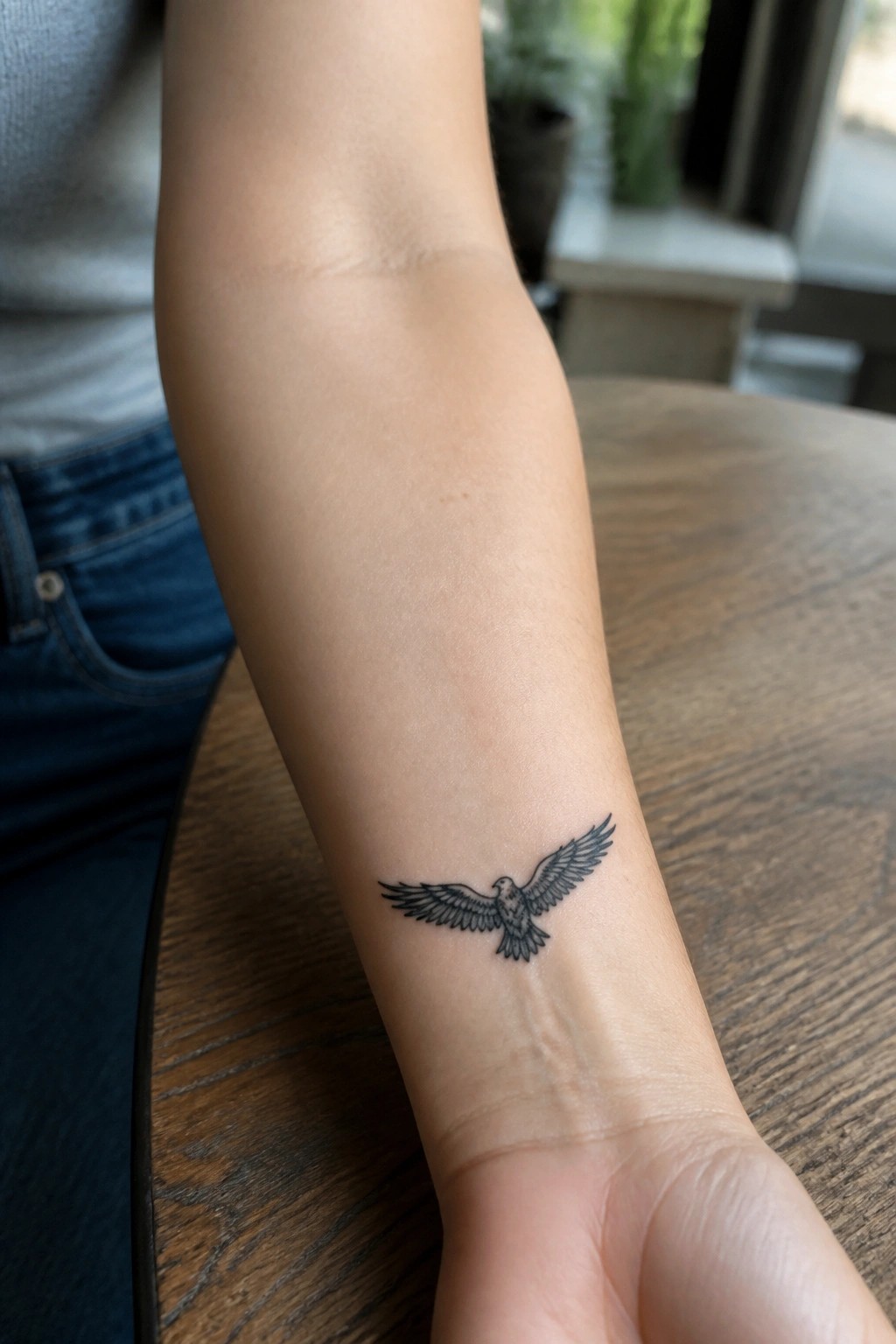 Small black line art eagle tattoo with spread wings on the inner wrist