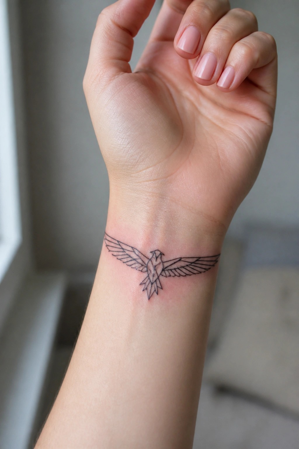 Small black line art eagle tattoo on the inner wrist with geometric body details and outstretched wings.
