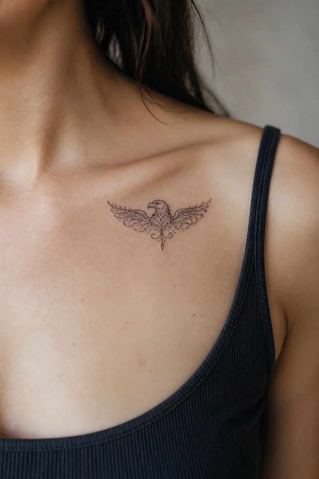 Black ribbed tank top with ornate eagle tattoo on upper chest.