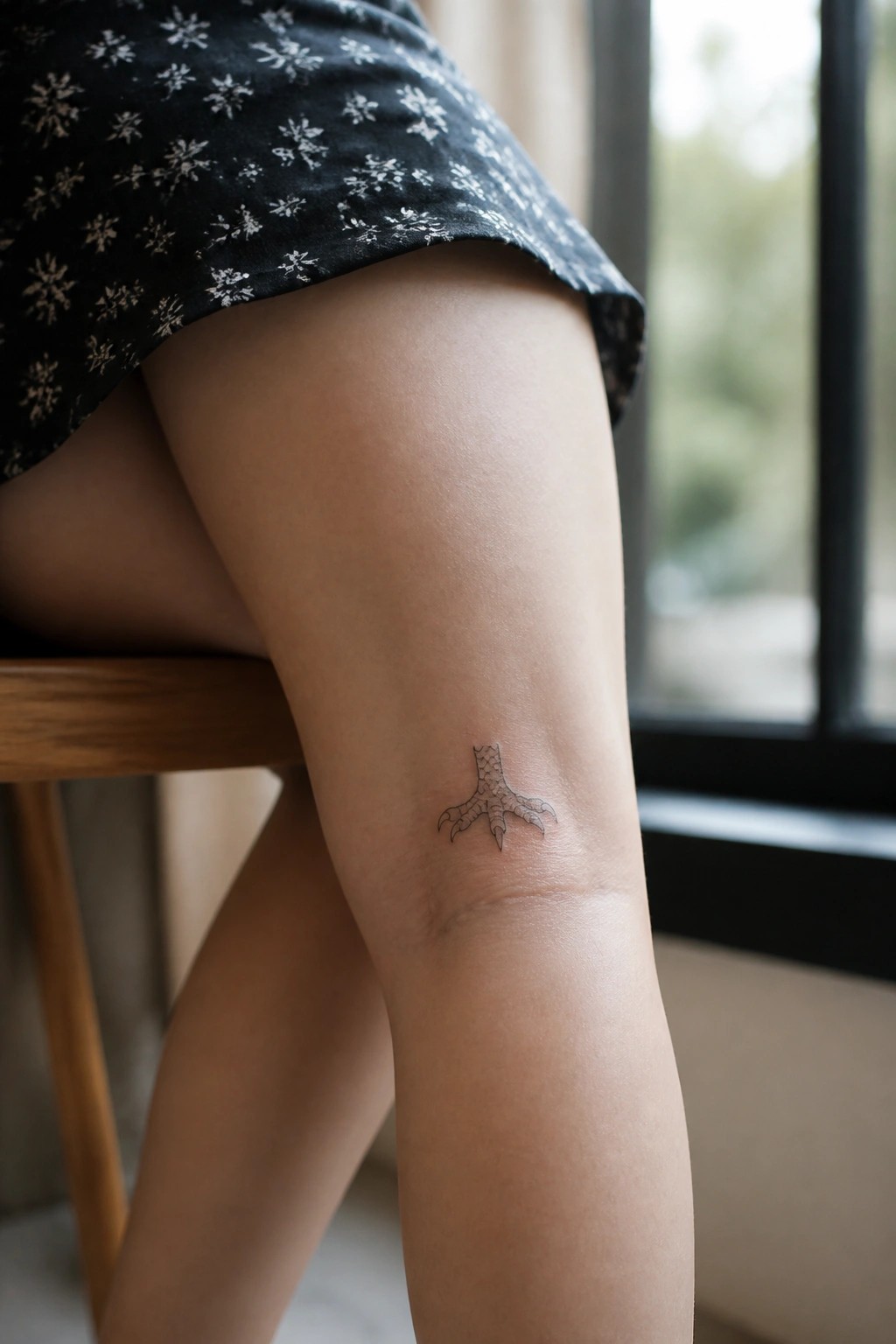 Bird claw tattoo on thigh under black floral skirt beside window