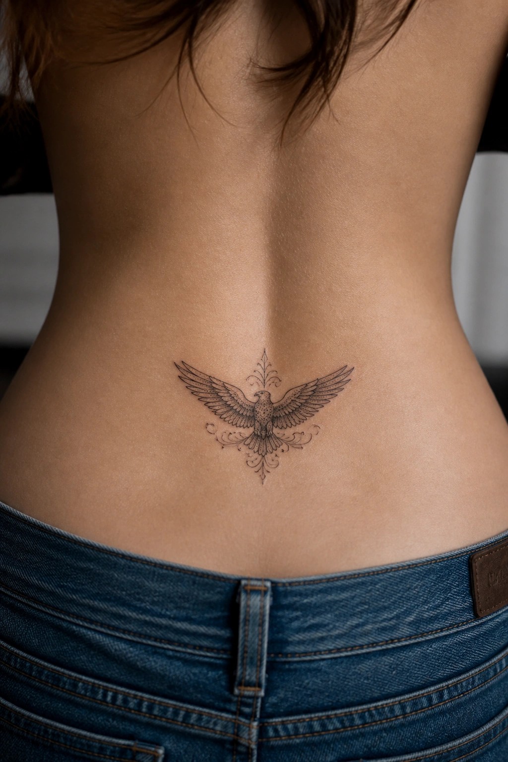 Small eagle tattoo with spread wings centered on a woman's lower back above jeans waistband