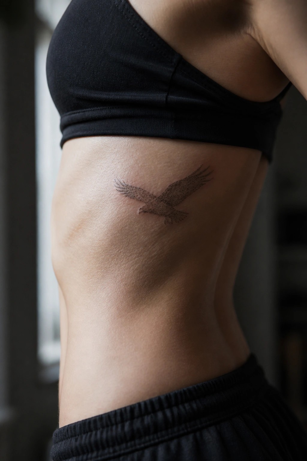 Woman's torso in black sports bra with dotwork bird tattoo on ribs