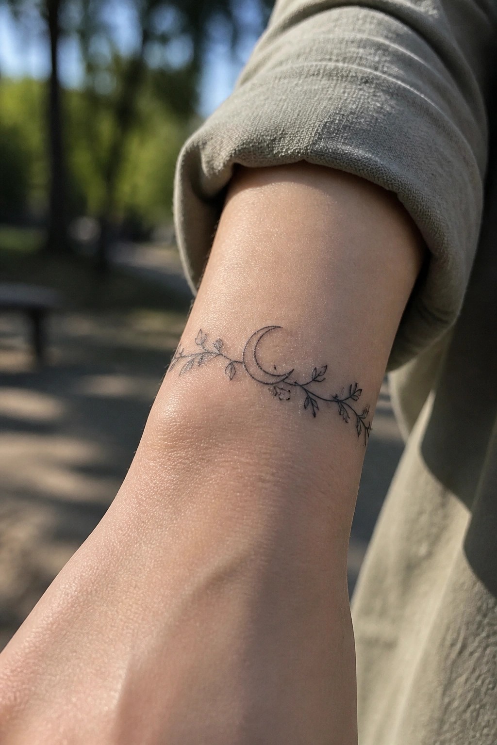 Fine line crescent moon tattoo with leafy vine wrapped around it on the inner wrist