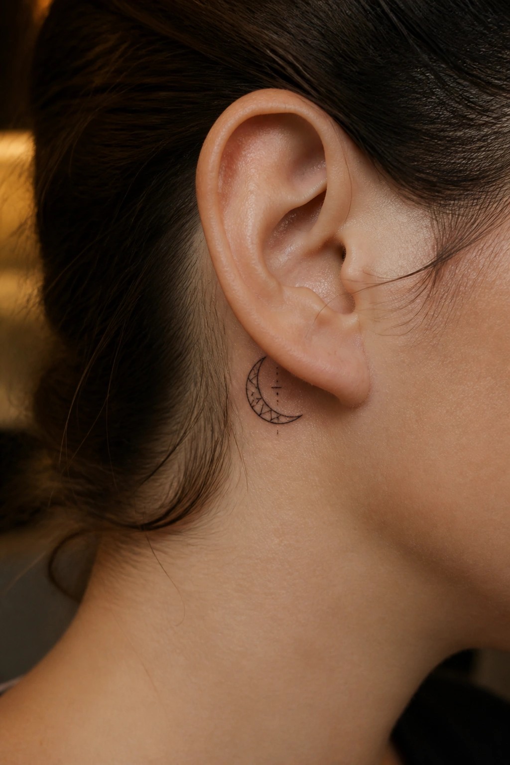 Close-up of patterned crescent moon tattoo behind ear on fair skin with dark hair.