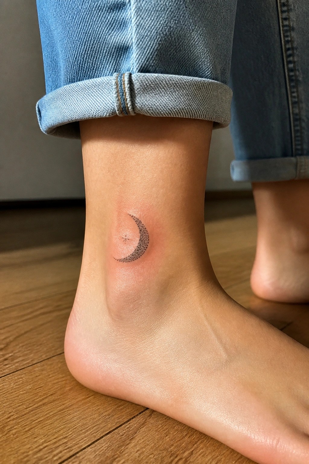 Dotted crescent moon and star tattoo on ankle below cuffed blue jeans