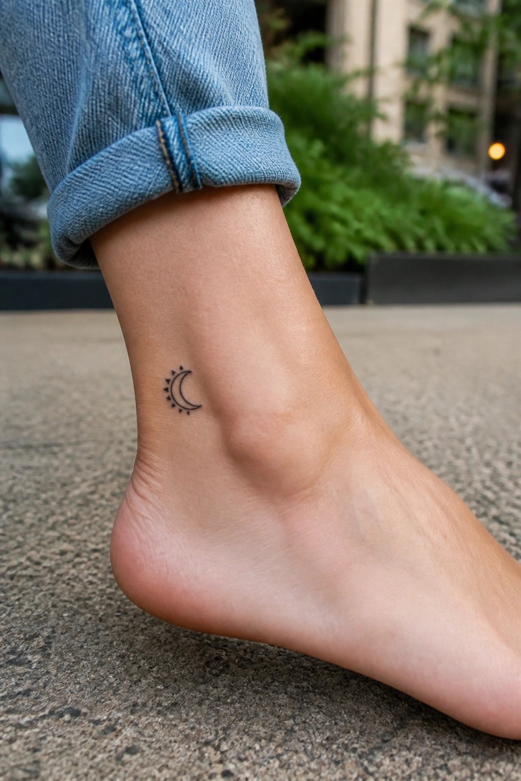 Bare foot with crescent moon tattoo on ankle below cuffed blue jeans on pavement.