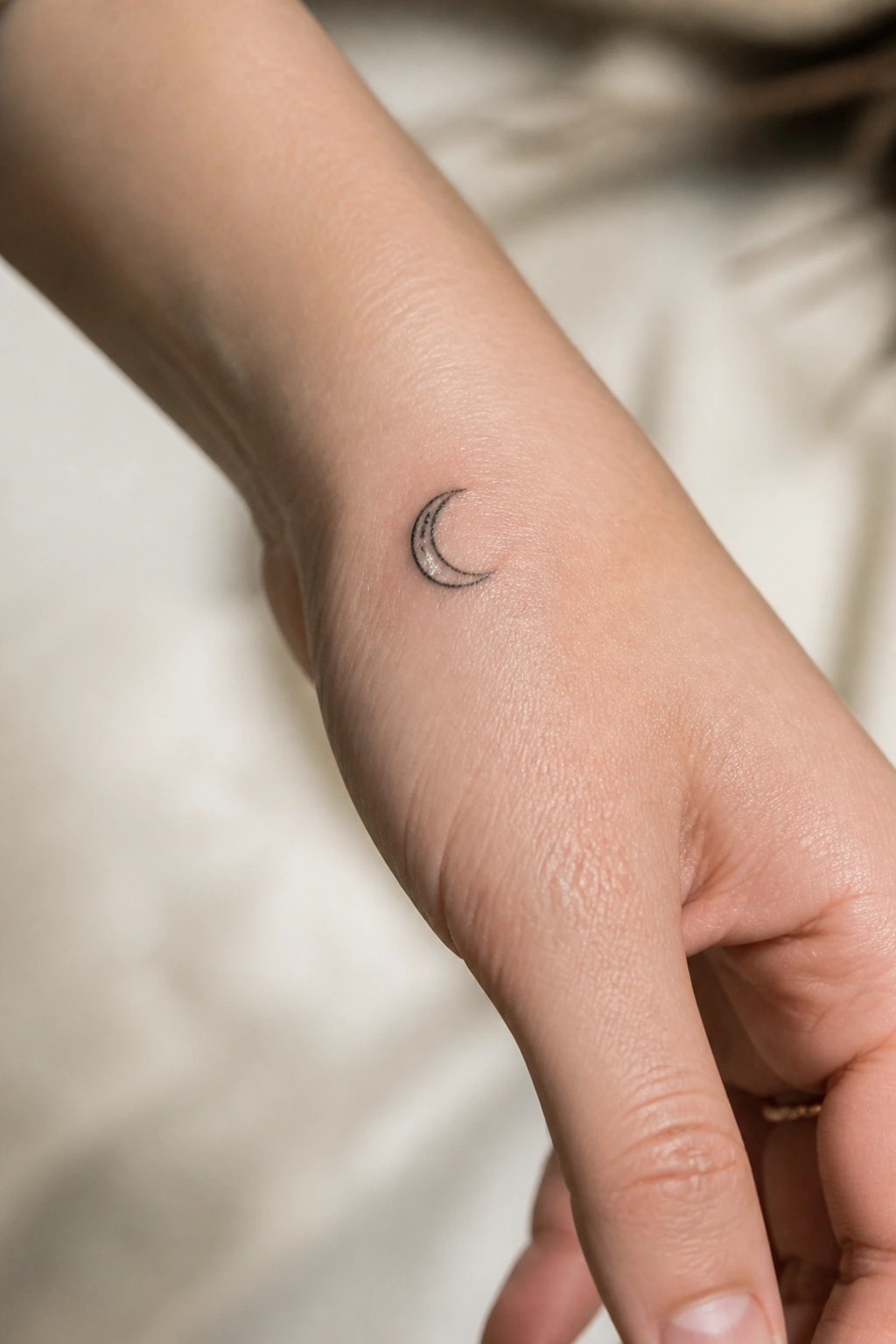 Small black crescent moon tattoo on light-skinned inner wrist with soft background