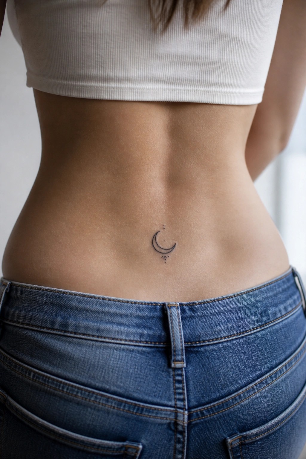 Lower back with crescent moon tattoo above blue jeans and white crop top
