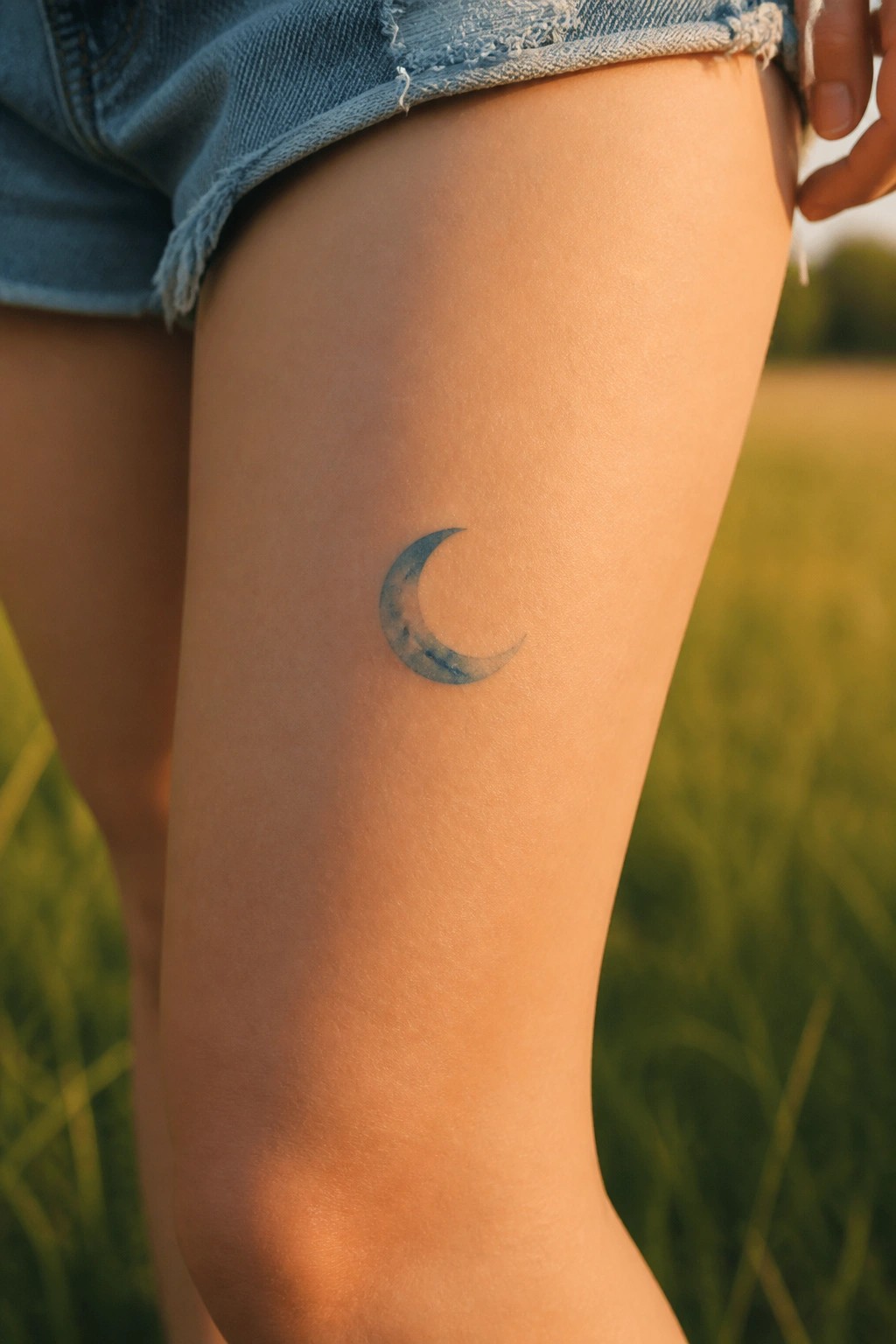 Faded blue crescent moon tattoo on thigh under frayed denim shorts in field
