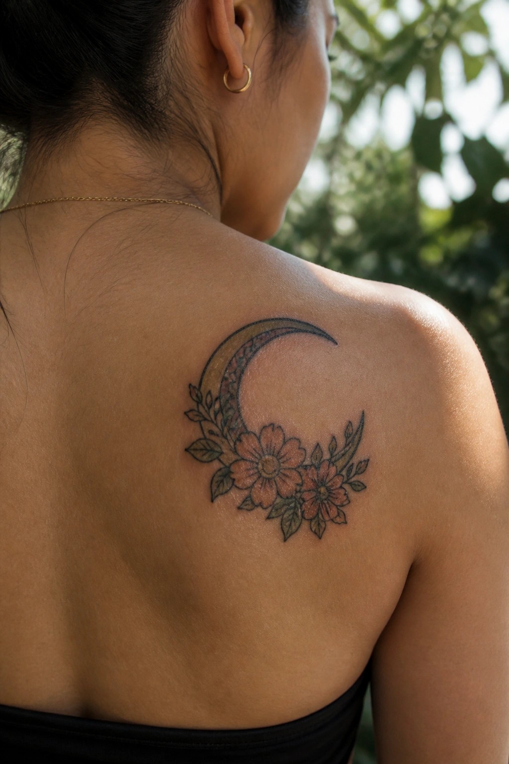 Crescent moon tattoo with flowers on a woman's shoulder
