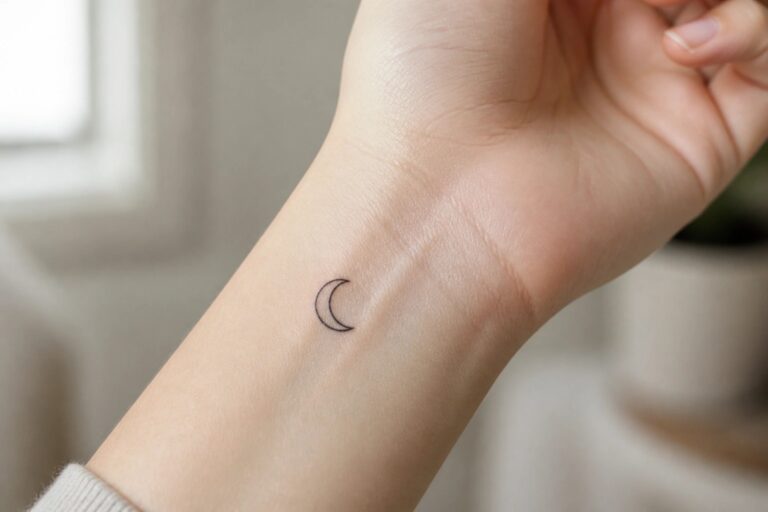 Small crescent moon tattoo on inner wrist above white knitted sweater cuff