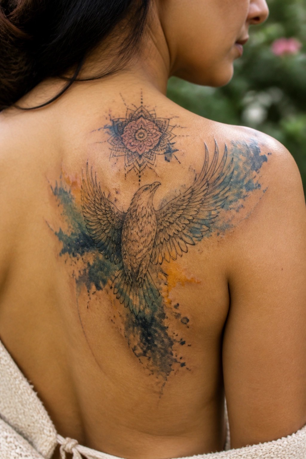 Bare back with large eagle tattoo, pink mandala, and blue-orange watercolor splashes.