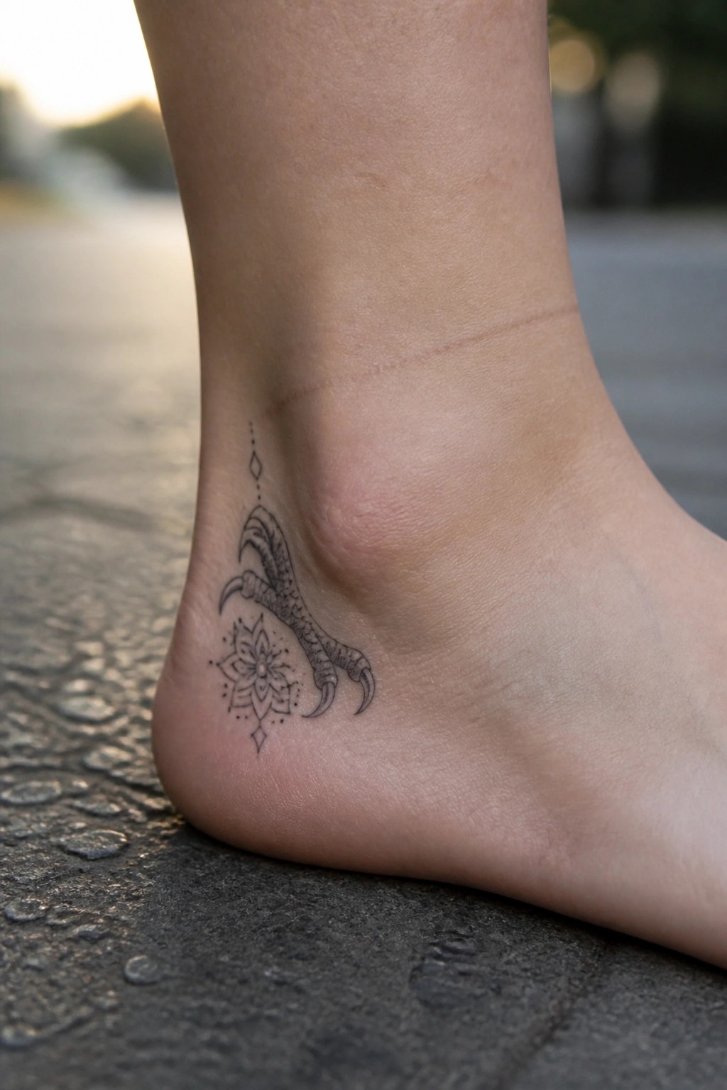 Bare ankle with black claw and mandala tattoo on wet pavement at dusk.