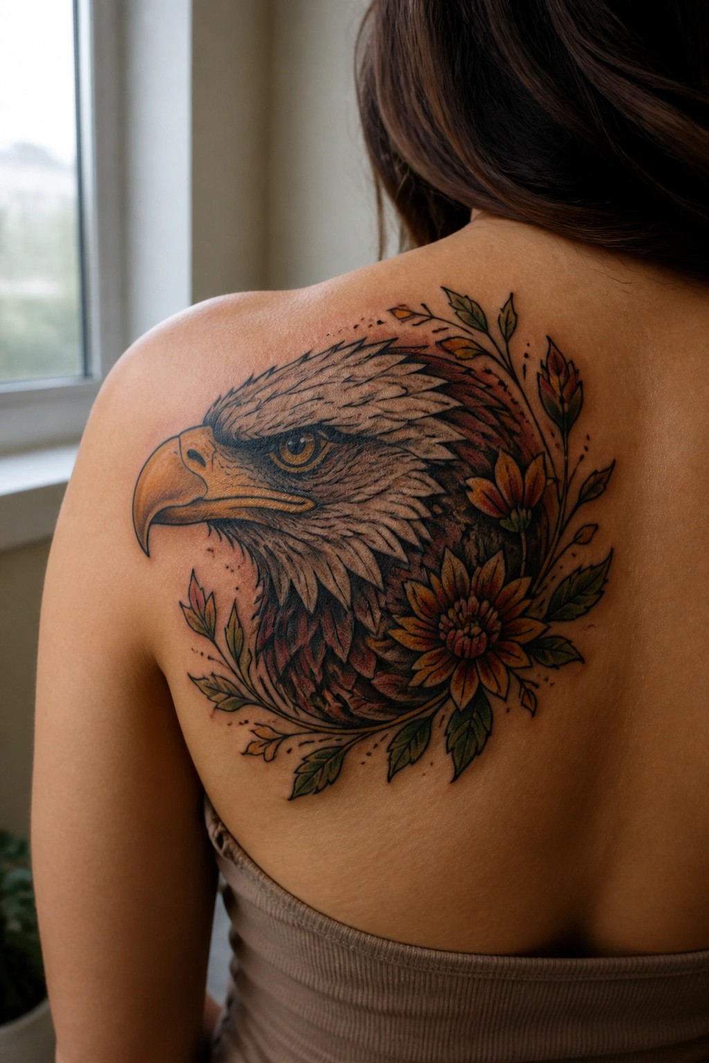 A realistic eagle head tattoo in brown and orange tones on a woman's upper back and shoulder, surrounded by orange flowers and green leaves.
