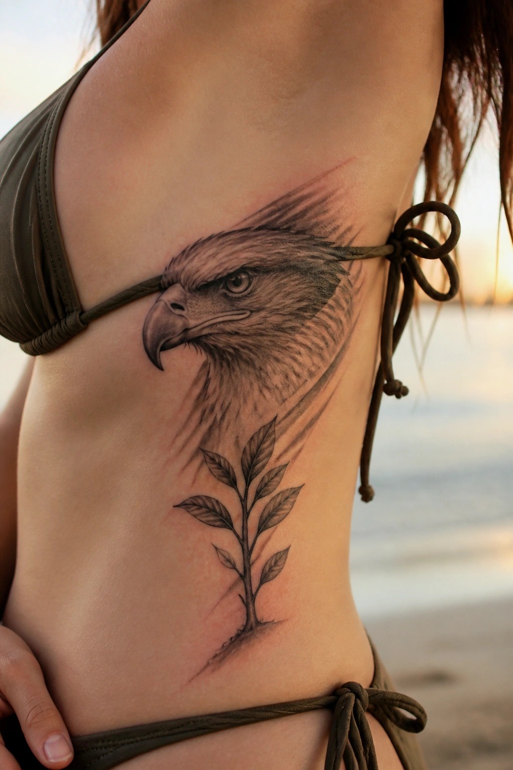 Woman's ribcage with eagle head and plant tattoo in olive bikini by ocean at sunset